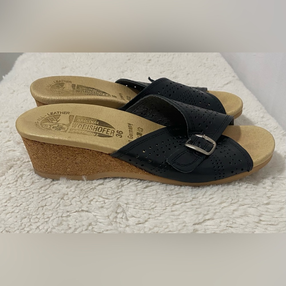 WORISHOFER Black Perforated Leather Slide Sandals with Buckle